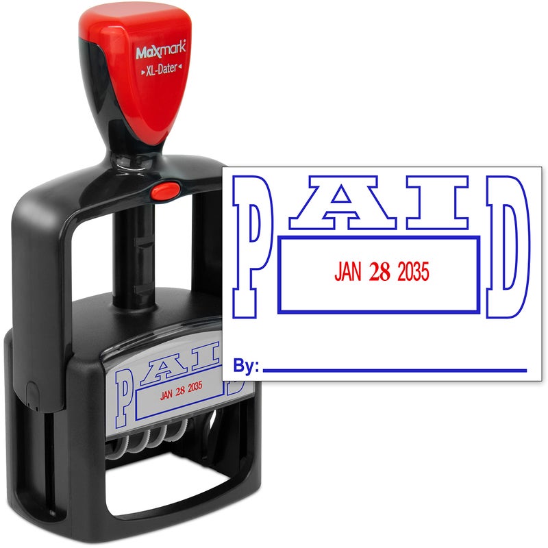 Rubber Stamp Creation MaxMark Heavy Duty Style 5 Date Stamp with Paid self Inking Stamp - 2 Color Blue/Red Ink - Image 1